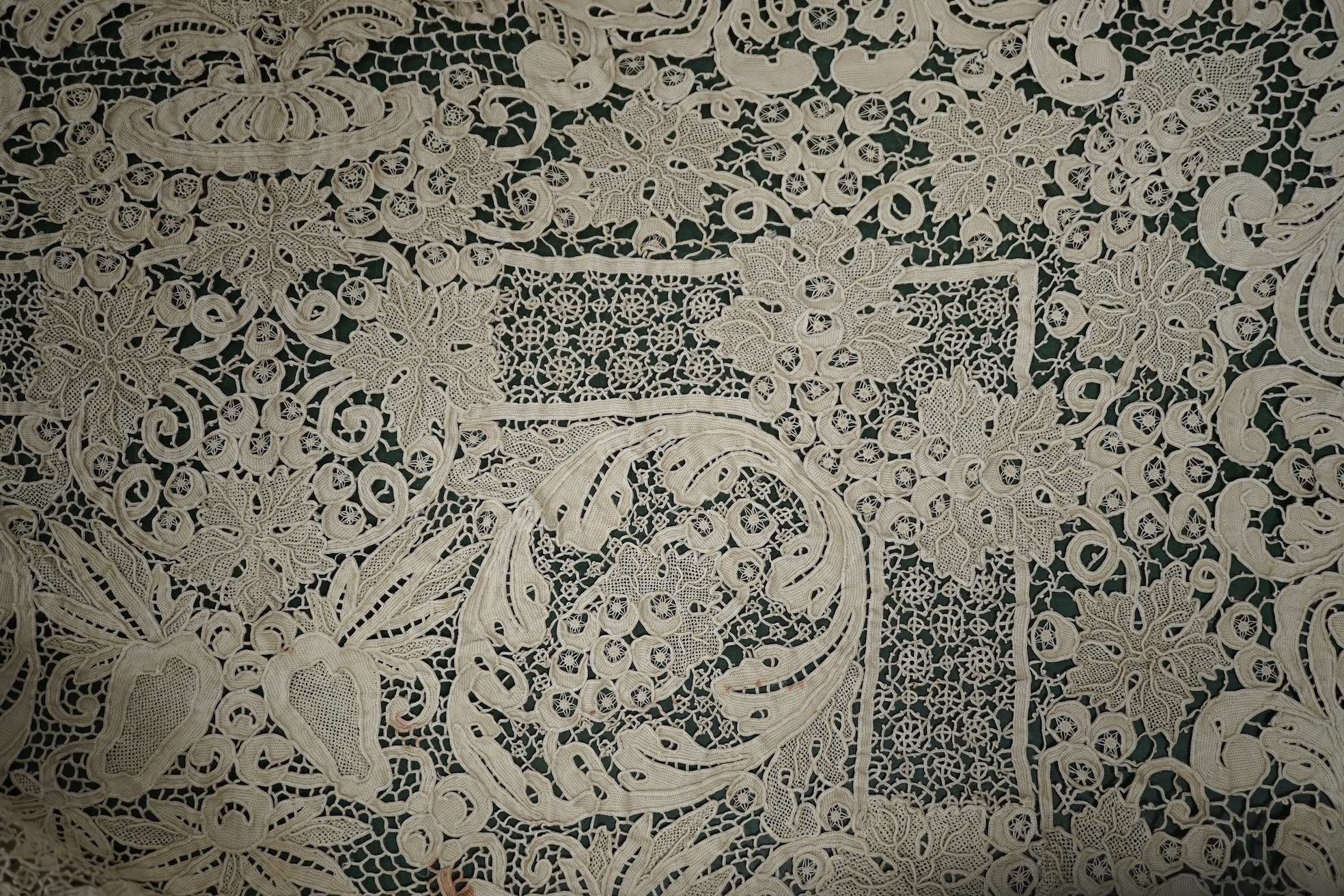 A 20th century lace bedcover, in Burano style lace. 276cm x 172cm